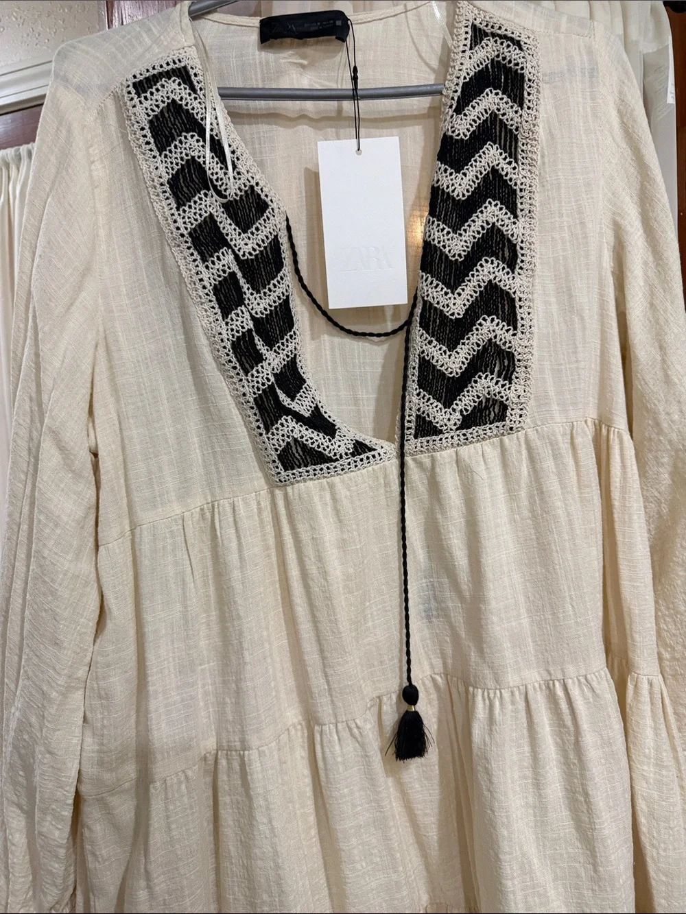 Zara Cream Mini Dress with Black Crochet Trim - Picture 2 of 2